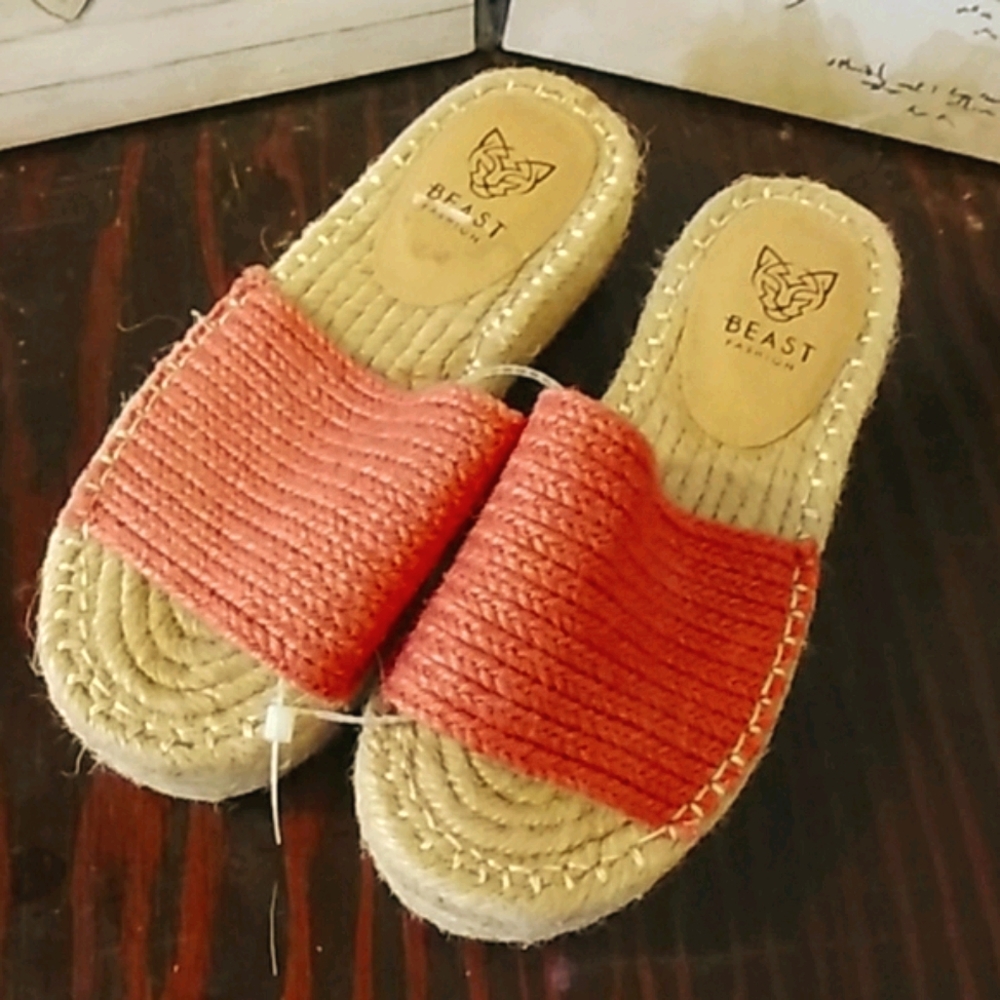 Woven Sandals Coral top straps with tan jute heel